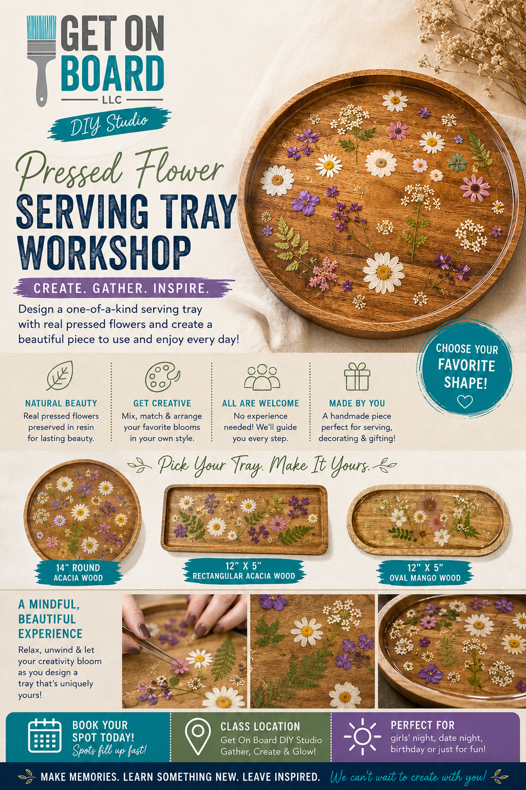 Monday, 7/20 @ 6:00pm  Pressed Flower Serving Tray Workshop